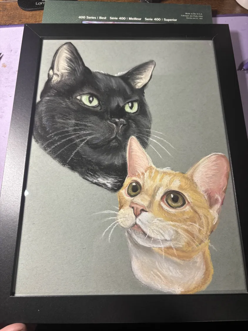 Custom portrait of a black cat and an orange cat